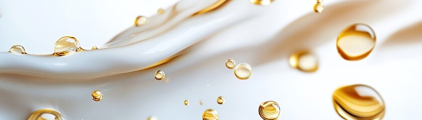 Wall Mural - Elegant abstract texture featuring golden liquid oil drops on a glossy white surface with calming reflections