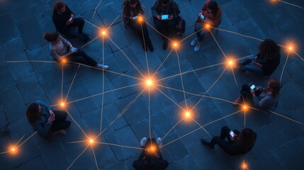 Fototapete - People engaged in connected digital communication with phones in glowing circle at night outdoors. Generative AI