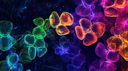 Fototapete - Magnified view of vibrant viruses showcasing intricate structures and diverse colors in scientific exploration. Generative AI