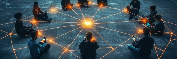 Fototapete - Group connects through technology in illuminated circle during evening gathering. Generative AI