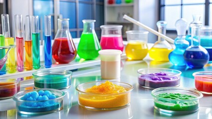 A collection of different colors of slime are displayed in a scientific lab setting, with various instruments and equipment nearby, slime, colors, chemical reactions