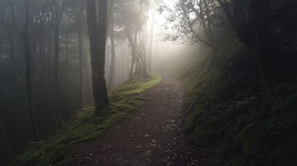 Poster - Foggy forest path with sunlight filtering through trees creating a tranquil atmosphere