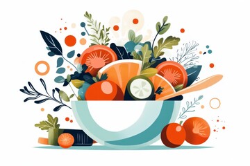 Aufkleber - A flat design of a vegetable salad bowl, featuring simplified shapes of lettuce, tomatoes, and cucumbers, drawn in vibrant colors on a white canvas