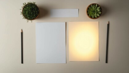 Wall Mural - Flat lay of blank paper with hints of soft, glowing backlight