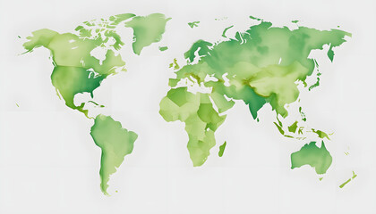  Watercolor world map in green colors, asian style, with white tones