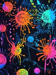 Fototapete - Colorful magnified representation of viruses in a scientific, vibrant design highlighting microscopic details. Generative AI