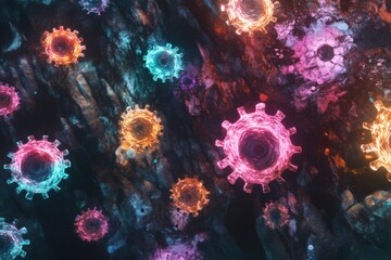 Fototapete - Magnified view of colorful viruses showcasing intricate details in a scientific exploration. Generative AI