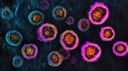 Fototapete - Magnified view of colorful viruses showcasing their intricate structures in a scientific context. Generative AI
