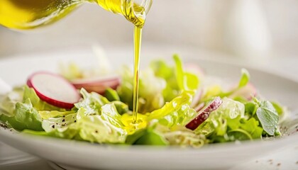 Poster - Pouring olive oil over fresh green salad with radishes