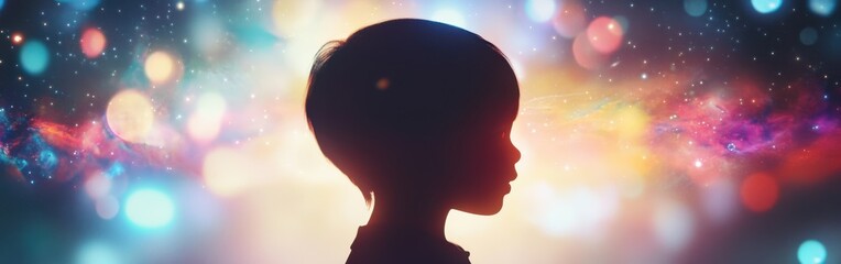 Poster - Child basking in cosmic wonder surrounded by swirling galaxies and vibrant spacecraft