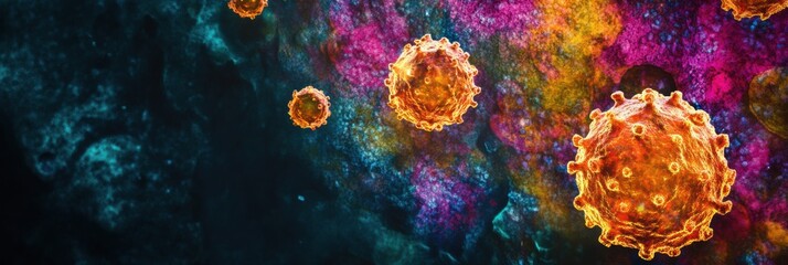 Fototapete - Colorful magnification of viruses showcasing their intricate structures and scientific details in an abstract style. Generative AI