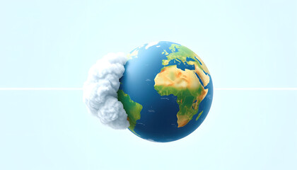 Wall Mural - 3d rendering of the Earth next to a white round fluffy cloud with a light line traced around them forming an infinity sign, doodle art