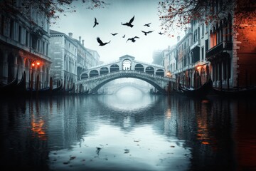 A haunting view of the Bridge of Sighs under a stormy sky, with crows flying above and ominous reflections in the water