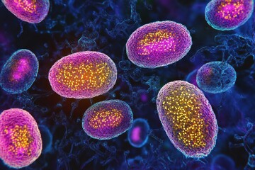 Fototapete - Magnified view of colorful viruses showcasing intricate details and vibrant structures under scientific analysis. Generative AI