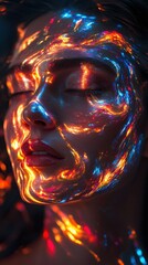 Poster - Surreal model portrait featuring glowing oil paint textures and vibrant color swirls merging with facial features