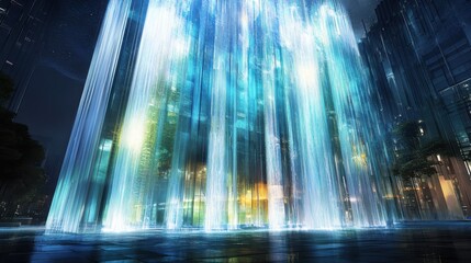 Poster - Futuristic tower with glowing waterfalls reflecting bright streams of light in a surreal urban setting