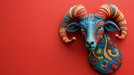 Fototapete - Colorful Capricorn goat symbol with intricate details against vibrant red background, showcasing artistic craftsmanship and creativity. This striking piece adds unique touch to any decor