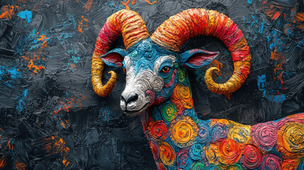 Poster - Colorful 3D Capricorn zodiac goat sculpture with vibrant clay texture, showcasing intricate details and striking design against dark background