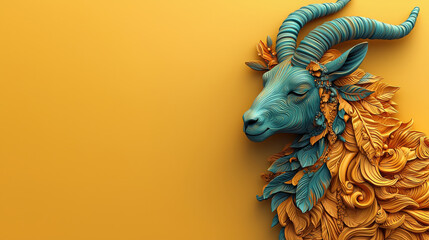 Poster - Vibrant 3D Capricorn goat symbol with intricate details and colors, showcasing blend of blue and orange against bright yellow background
