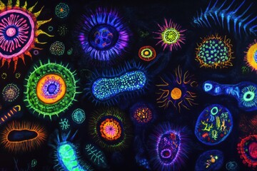 Fototapete - Magnified view of colorful viruses showcasing intricate details within a scientific context. Generative AI
