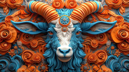 Poster - vibrant goat sculpture with intricate clay textures, featuring bold blue and orange colors, surrounded by floral patterns. This artwork showcases creativity and craftsmanship