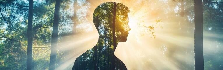 Aufkleber - Silhouette of a man blending with a radiant pine forest under sunlight