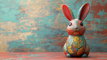 Poster - colorful 3D illustration of cute rabbit with intricate patterns, symbolizing zodiac. This charming design features vibrant colors and artistic details, perfect for decor
