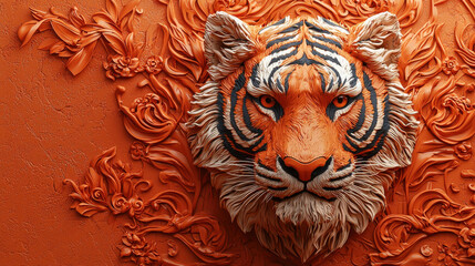 Poster - fierce tiger head sculpture with intricate floral details on orange background, showcasing strength and beauty in vibrant design