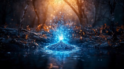 Wall Mural - Ethereal light illuminates a soulsearching journey enchanted forest digital art mystical environment surreal viewpoint