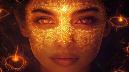 Aufkleber - Mystical woman's face glowing with Diwali patterns and radiant oil lamps symbolizing light and prosperity