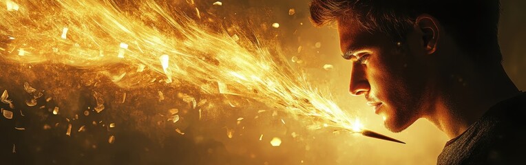 Aufkleber - Mystical profile of a man glowing with radiant quills and parchment in a magical writing craft scene