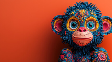 Aufkleber - Colorful monkey sculpture with intricate patterns and textures against orange background, showcasing vibrant details and playful expression