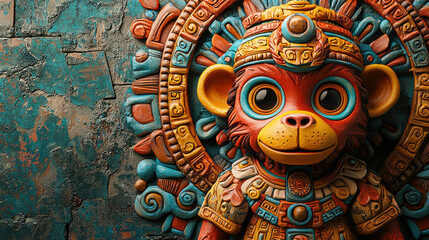 Poster - Colorful clay monkey sculpture with intricate details against textured background. This vibrant artwork showcases playful design, perfect for adding unique touch to any space