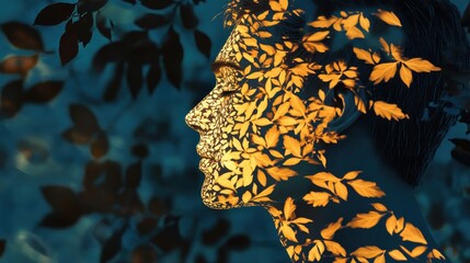 Poster - Mystical man's profile illuminated by glowing leaf patterns embodying quiet introspection and natural beauty in a serene environment