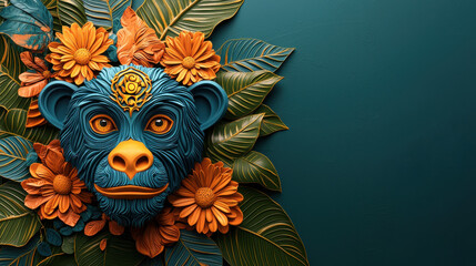 Poster - vibrant monkey mask surrounded by colorful flowers and lush leaves, showcasing intricate details and lively design. This artwork captures playful and artistic essence
