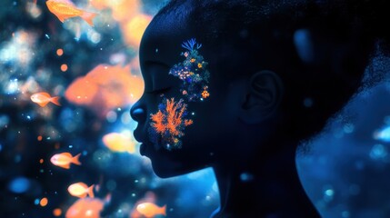 Aufkleber - Mystical silhouette of a child filled with glowing coral reefs and vibrant fish creates a dreamlike underwater scene