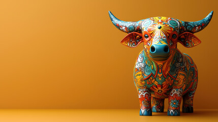 Poster - Colorful decorative bull sculpture with intricate patterns and vibrant hues, set against warm orange background, showcasing artistic craftsmanship and cultural significance