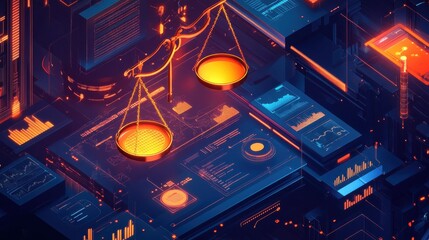 Fototapete - Dynamic financial risk management visuals featuring balance scales and glowing tools in modern design