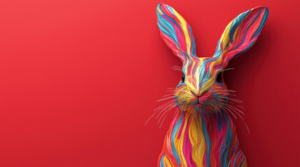 Aufkleber - Colorful rabbit with vibrant patterns against red background, symbolizing joy and creativity. This artistic representation captures essence of playfulness and imagination