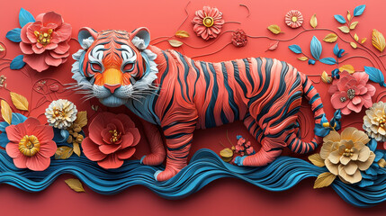 Aufkleber - 3D tiger design for zodiac with vibrant colors, surrounded by flowers and leaves, creating lively and artistic atmosphere. Perfect for zodiac themed decor