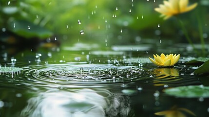 Poster - Creative double exposure blending raindrop patterns and glowing reflections on water in a summer setting with vibrant flowers