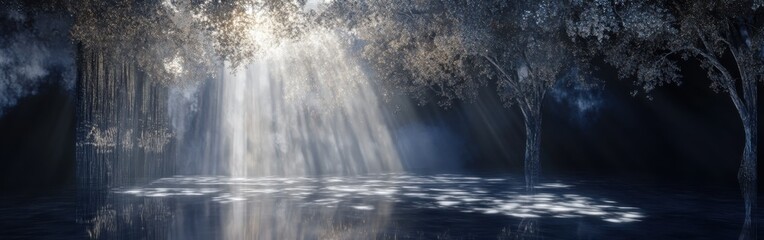 Poster - Ethereal beams illuminate a calm, smoky landscape in deep midnight blue and silver hues
