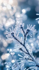 Fototapete - Frosted branch sparkling in icy blue and silver bokeh during a winter day
