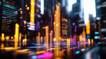 Poster - vibrant 3D digital interface showcasing big data analysis with glowing bars and lines representing data trends in futuristic cityscape