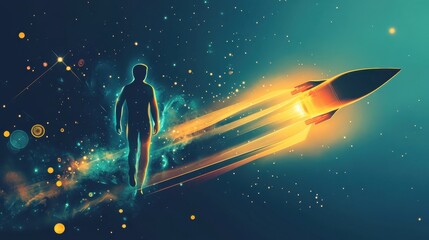 Poster - Radiant silhouette of a man embodying the spirit of discovery amidst glowing propulsion and space stations