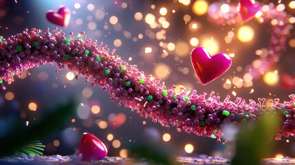 Poster - vibrant 3D illustration of nanostructure with pink hearts, showcasing interaction with colorful particles and dreamy background. This artwork evokes sense of wonder and connection
