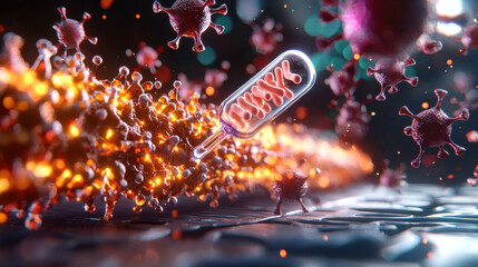 Poster - 3D illustration of nanoscale biotechnology tools interacting with viruses, showcasing vibrant colors and intricate details. This highlights fusion of science and technology in dynamic environment