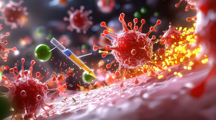Aufkleber - 3D illustration of nanoscale biotechnology tools interacting with viruses, showcasing vibrant colors and intricate details. This highlights complexity of biological interactions