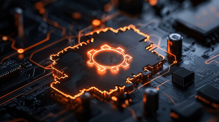 Leinwandbilder - detailed 3D rendering of cybersecurity infrastructure featuring glowing circuitry and gear symbol, representing technology and security