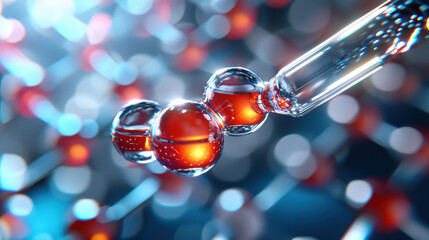 Poster - 3D visualization of molecular structure with pipette, showcasing vibrant colors and intricate details. This represents advancements in nanotechnology and molecular science